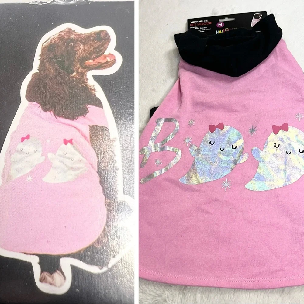 NWT Halloween Hoodie for Dogs Size Medium Pink & Black BOO! with Silver Ghosts